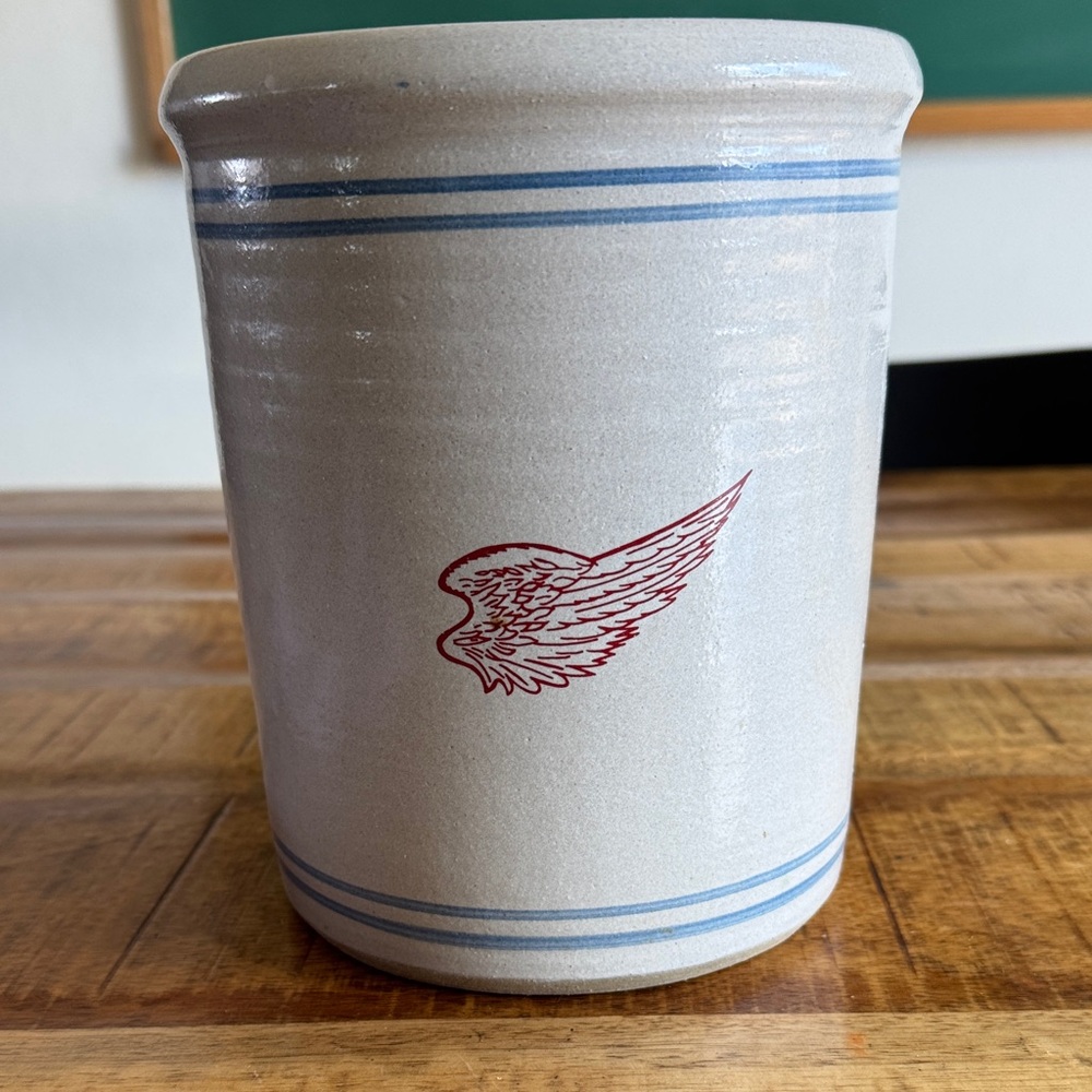 Stoneware Crock with Blue Stripes and Red Wing Design